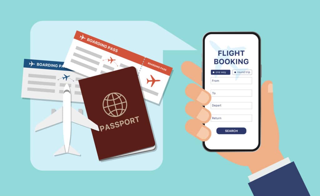 Businessman using smartphone to book flight tickets online. Online travel on smartphone, booking a ticket, and planning holidays trip. Concept of travel and tourism, and it can be used as a flat-style template for web banner.