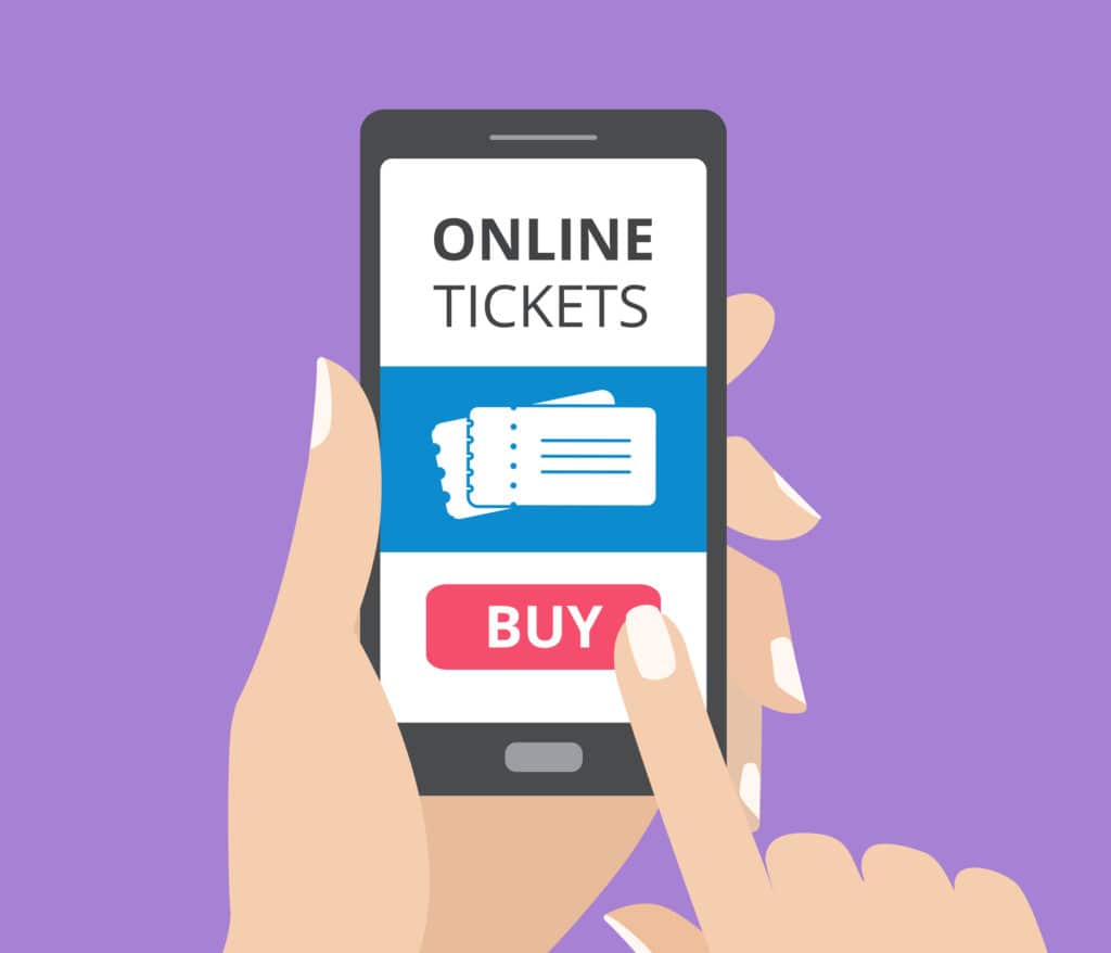 Hand holding smartphone with buy button and tickets icon on screen. Concept of online tickets mobile application. Flat design vector illustration